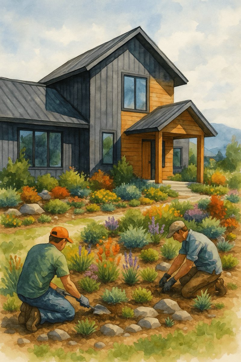 Watercolor of a Montana garden being planted