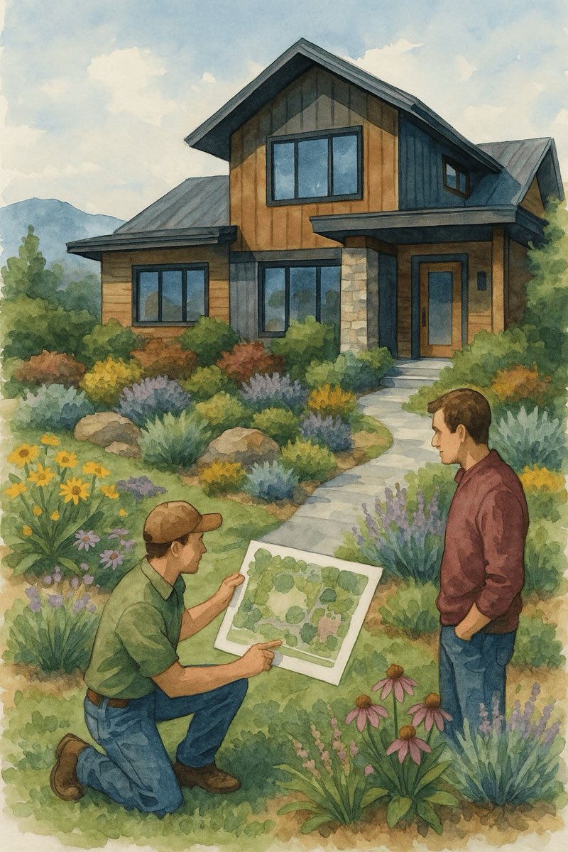 Watercolor of a landscape design consultation in a Montana garden