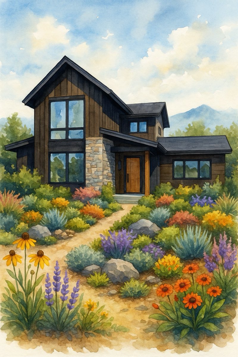 Watercolor of a modern Montana home with a native wildflower landscape