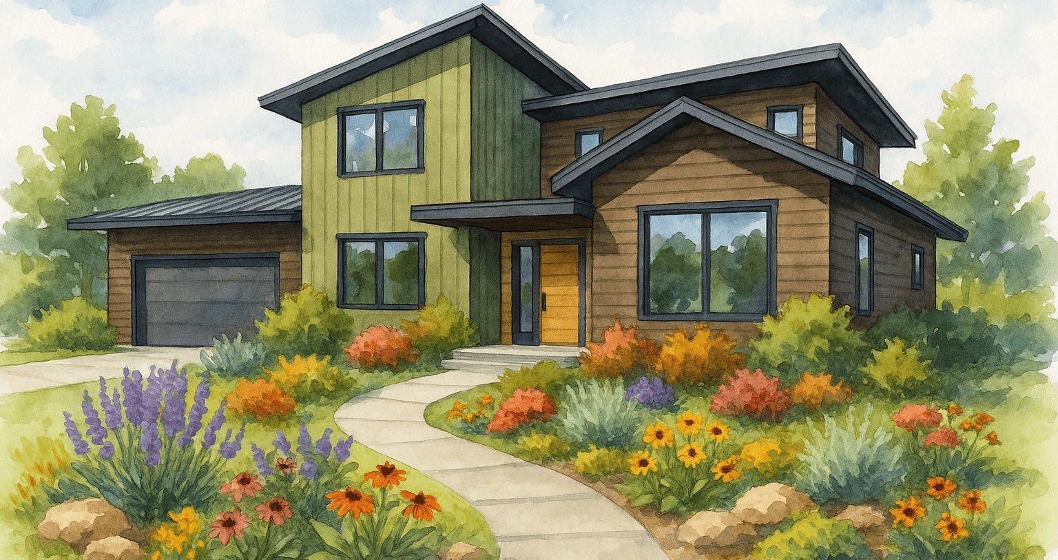 Watercolor of a Bozeman home with thoughtful landscaping